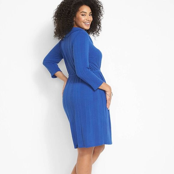 NEW Lane Bryant Cowl-Neck Knit Dress Blue Ribbed 3/4 Sleeve 18/20 2X Soft Casual - Picture 2 of 14